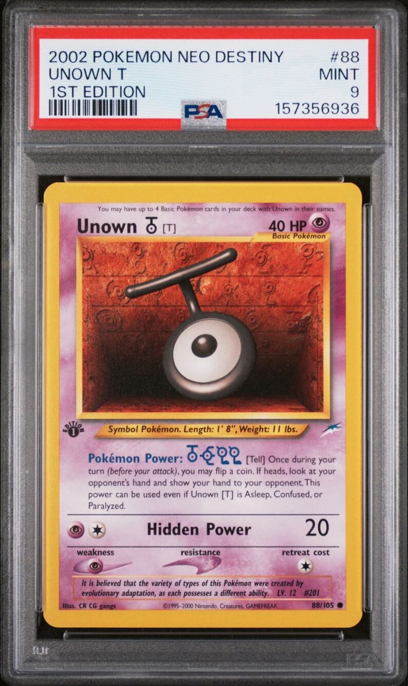 PSA 9 MINT Unown T 1st Edition 88/105 Pokémon 2002 Neo Destiny Graded Card